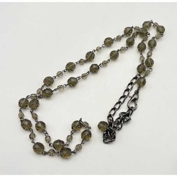 Long Faux Smoky Quartz Beaded Necklace Silver Tone Chain Faceted Beads - Picture 8 of 8